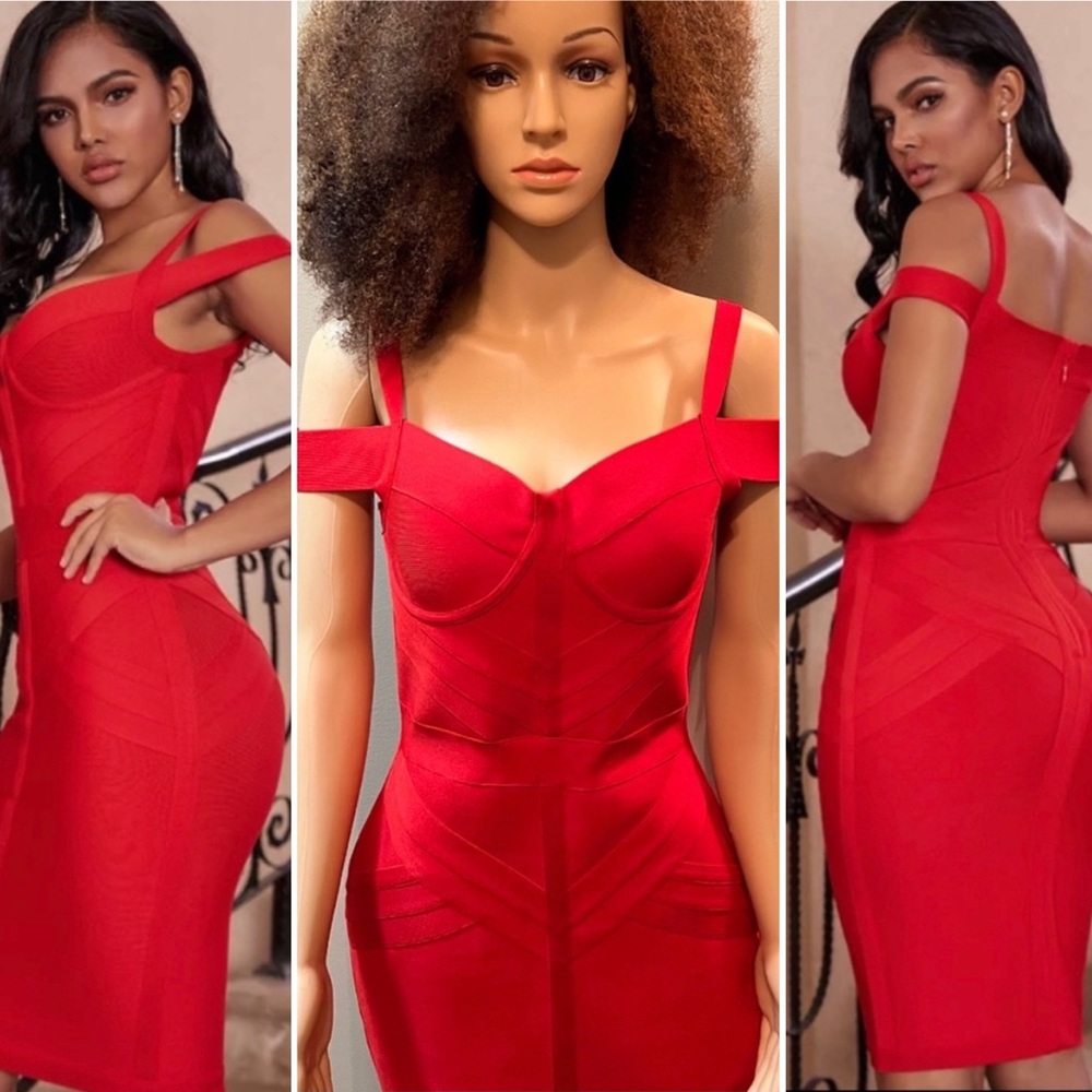 NWOT ADYCE Off Shoulder Bodycon Bandage Red Dress - Picture 3 of 13